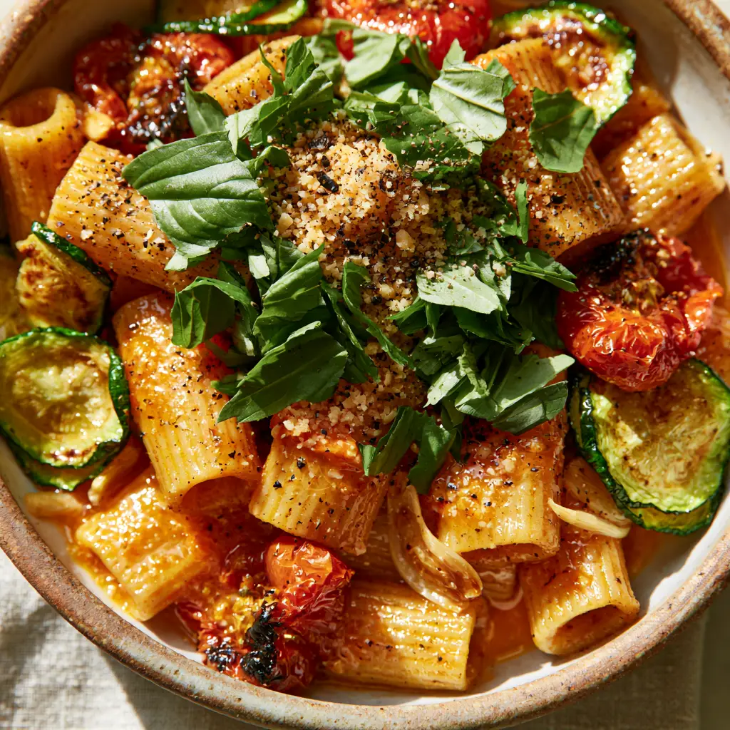 Tomato zucchini pasta with Blistered Tomatoes and Silky Garlic Butter Sauce 1 Close up of blistered cherry tomatoes and golden zucchini edges in a pasta dish.