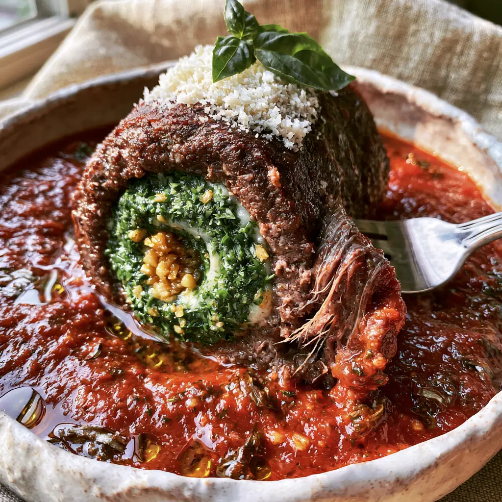 A silver fork pressing into a soft, seared beef Braciole nestled in thick red tomato sauce.