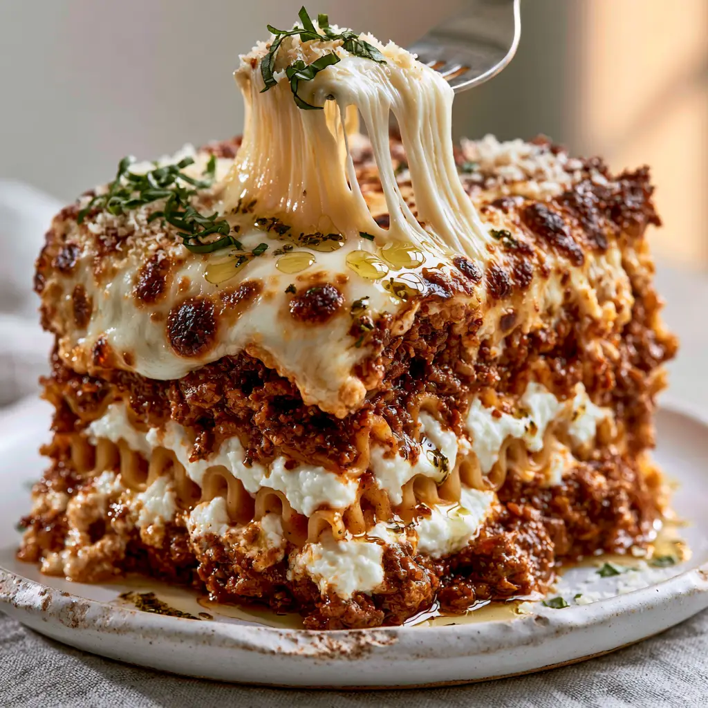 Classic Lasagna Recipe: The Ultimate Tall, 6-Layer Structural Masterpiece 2 Extreme macro close-up of blistered golden-brown mozzarella and fresh basil chiffonade. (classic lasagna recipe)