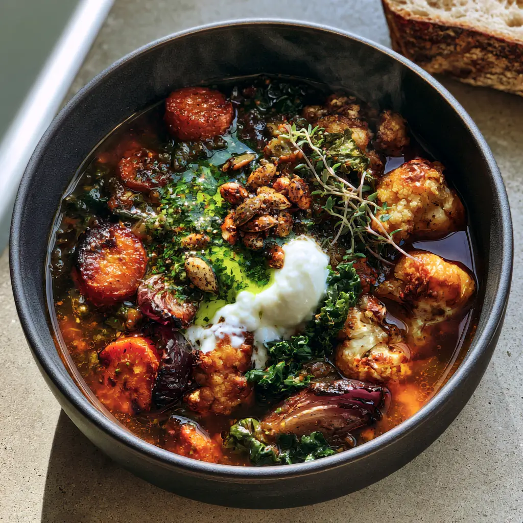 Healthy vegetable soup served in a matte black bowl next to sourdough bread on a grey surface.