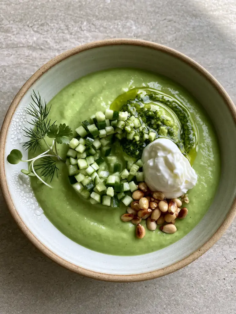 Close-up of a dollop of Greek yogurt and micro-cilantro on top of chilled cucumber soup.