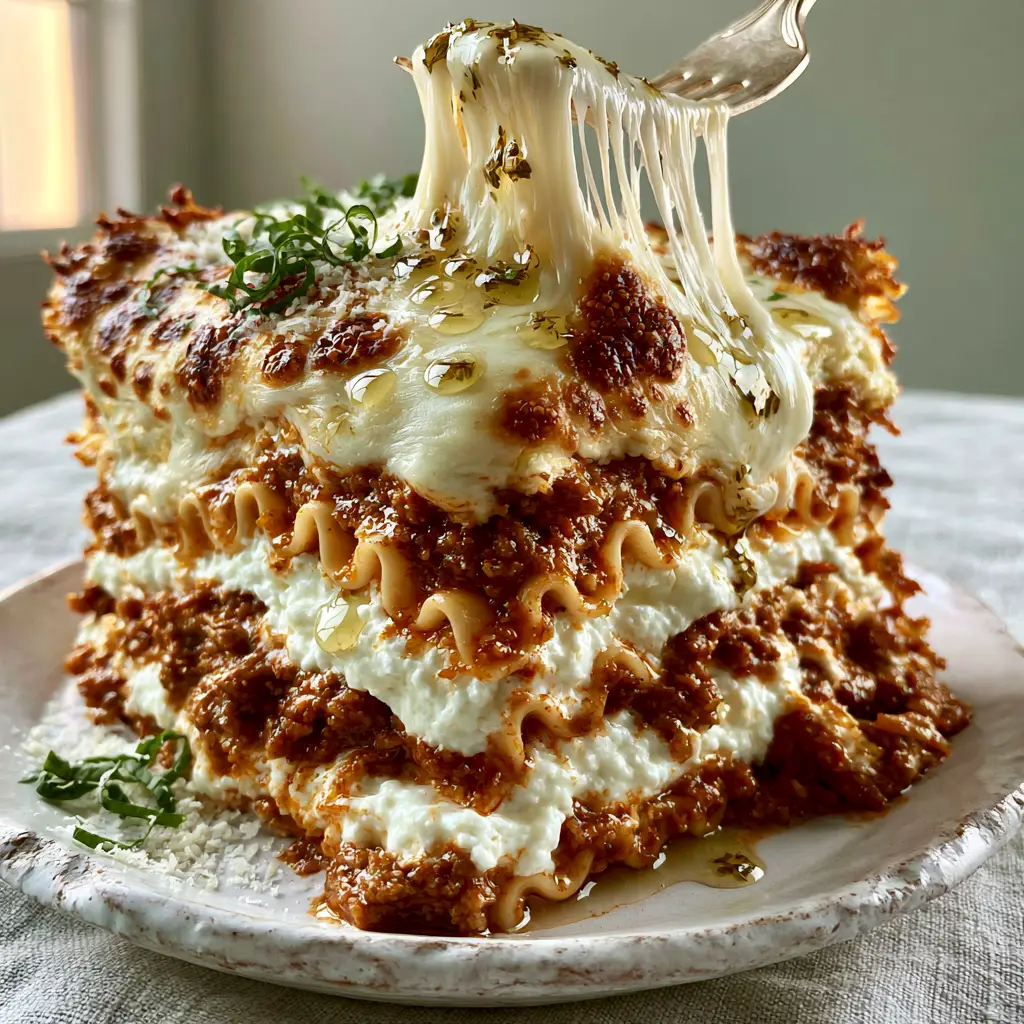 Classic Lasagna Recipe: The Ultimate Tall, 6-Layer Structural Masterpiece 1 Side profile showing six distinct layers of wavy pasta, dark bolognese, and white ricotta.