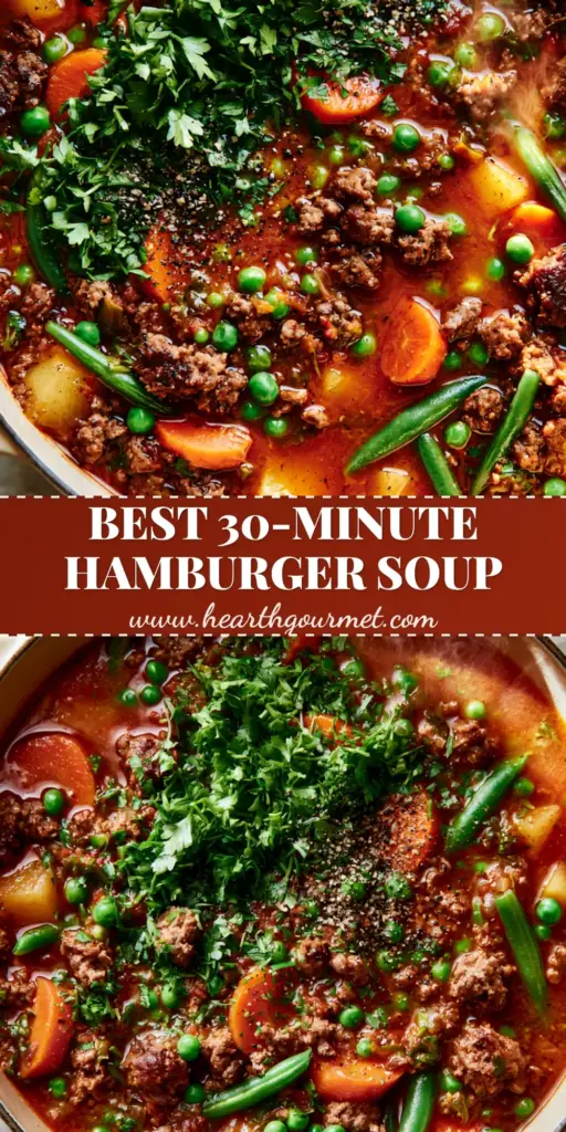 A close-up shot of hearty Ground Beef Vegetable Soup in a cream Dutch oven with fresh parsley and steam rising.