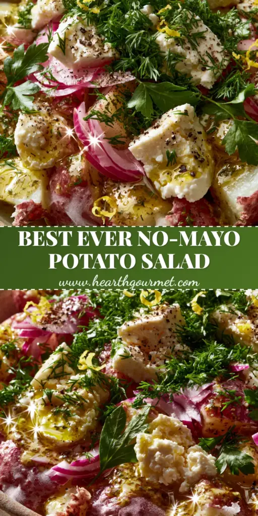 A rustic bowl of Greek Potato Salad with chunky red potatoes, golden dressing, creamy feta, and fresh herbs. (Greek Potato Salad)