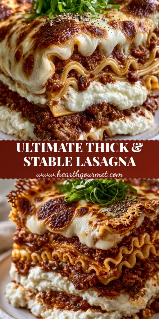 A tall, seven-layered slice of Classic Lasagna standing upright on a white plate with blistered mozzarella and fresh basil garnish.