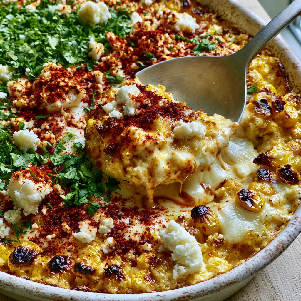 Mexican Street Corn Casserole: The Ultimate Creamy Elote Bake 2 Vibrant golden corn with charred edges in a white ceramic dish, topped with red chili powder and cilantro. (Mexican Street Corn Casserole)