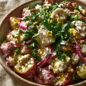 Ultra close-up of tender red potatoes drenched in golden lemon oil with feta and dill. (Greek Potato Salad)