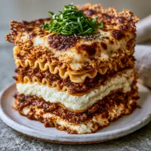 Extreme close-up of wavy lasagna ribbons and chunky beef bolognese layers in a Classic Lasagna.