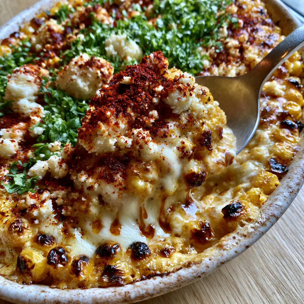 Mexican Street Corn Casserole: The Ultimate Creamy Elote Bake 1 A steaming scoop of Mexican Street Corn Casserole showing sauce drips and gooey Monterey Jack cheese.