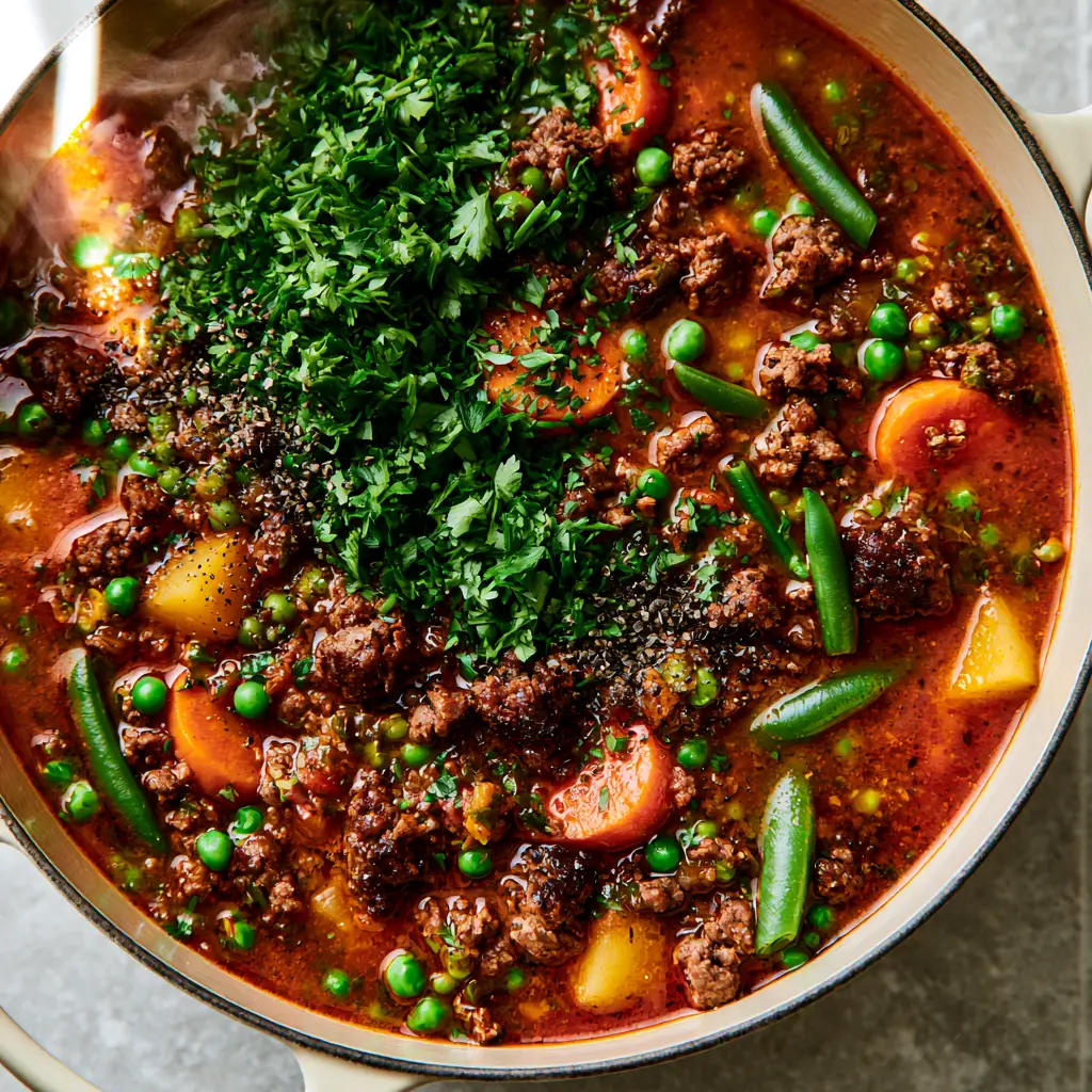 Extreme close-up of Ground Beef Vegetable Soup with a focus on cracked black pepper and fresh green parsley garnish.