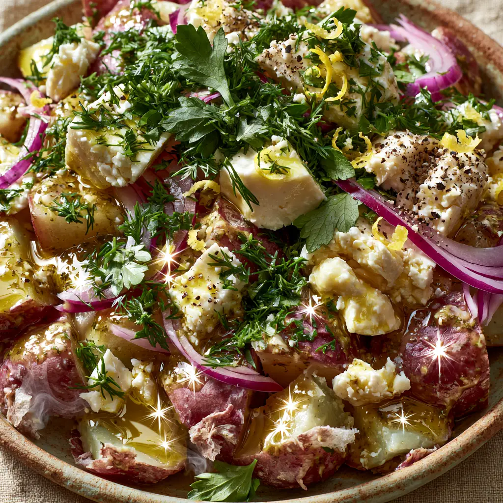 High-angle shot of a Greek Potato Salad featuring lemon zest curls and red onion slivers.