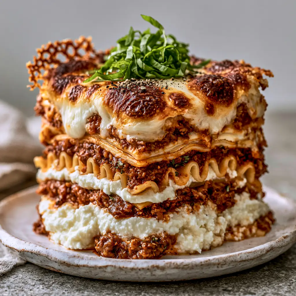 Side profile of a single tall lasagna slice showing the firm ricotta and golden mozzarella blisters.