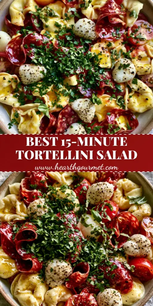 Tortellini Pasta Salad with Zesty Italian Vinaigrette and Salami 4 A top-down macro shot of a vibrant Tortellini pasta salad in a ceramic bowl, featuring glossy salami, mozzarella pearls, and fresh herbs.