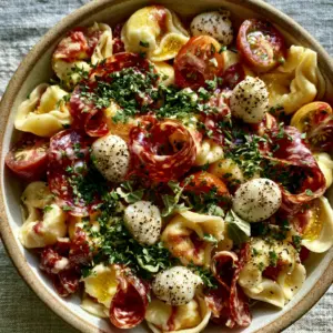 A close-up of cheese tortellini and cherry tomatoes in a Tortellini pasta salad with a shimmering golden sheen.