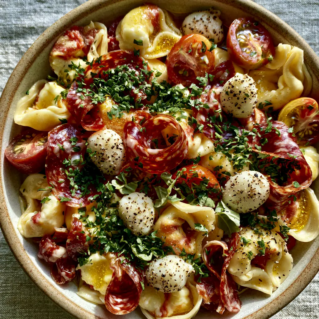Tortellini Pasta Salad with Zesty Italian Vinaigrette and Salami 2 A close-up of cheese tortellini and cherry tomatoes in a Tortellini pasta salad with a shimmering golden sheen.