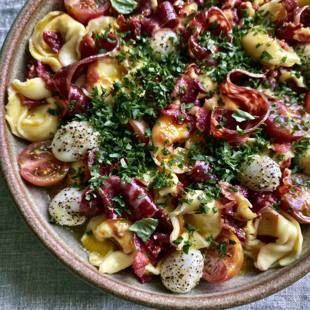 Tortellini Pasta Salad with Zesty Italian Vinaigrette and Salami 1 Overhead view of mozzarella pearls and salami ribbons in a Tortellini pasta salad, dusted with coarse black pepper.