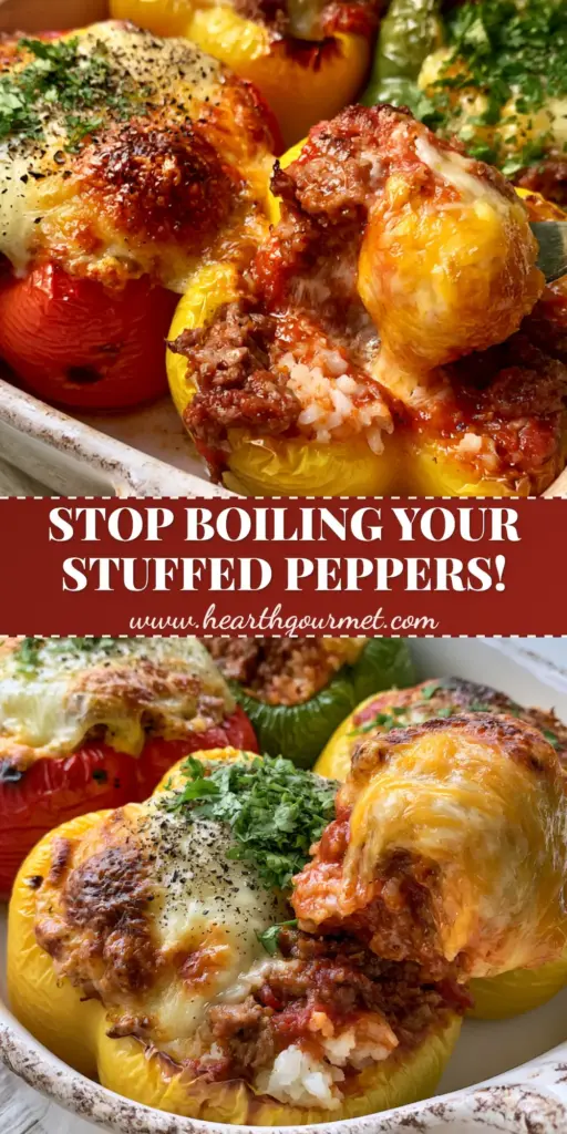 Stuffed Peppers Recipe with Beef, Rice, and Bubbly Melted Cheese 4 A rustic ceramic dish filled with vibrant red, yellow, and green stuffed peppers topped with bubbly melted cheddar and Monterey Jack cheese. (stuffed peppers recipe)