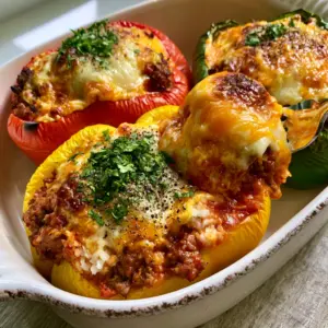 Handheld smartphone photo of a white dish with roasted red and yellow peppers, showing charred skin and bubbling cheese pull. (stuffed peppers recipe)