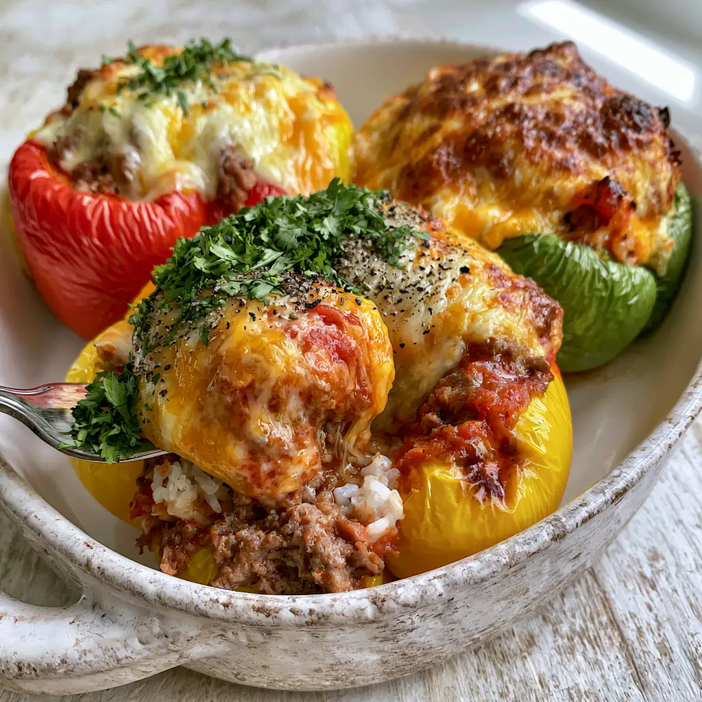 Stuffed Peppers Recipe with Beef, Rice, and Bubbly Melted Cheese 1 A top-down view of three stuffed peppers garnished with fresh cilantro and cracked black pepper in a wooden kitchen setting. (stuffed peppers recipe)