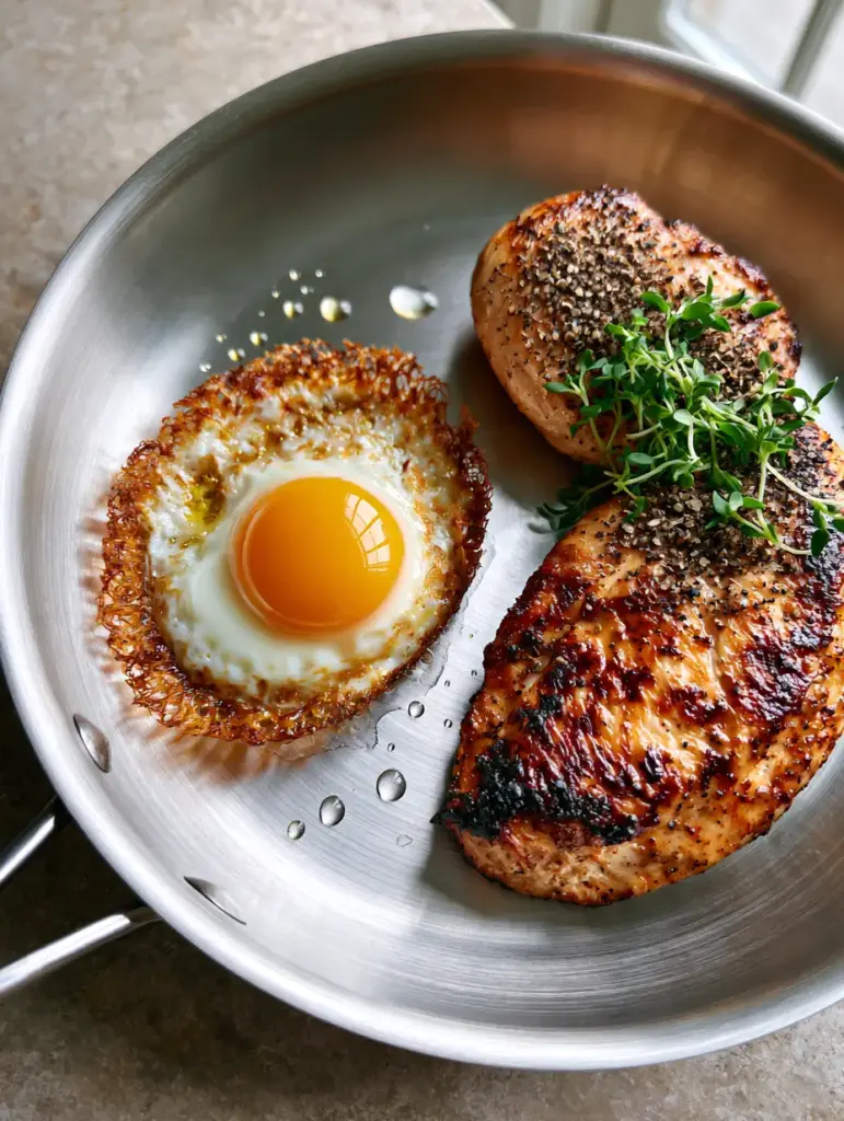 Extreme close up of a crispy fried egg with golden lace edges and a seared chicken breast with deep char marks in a brushed stainless steel pan.