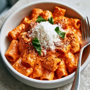 Macro close-up of rigatoni pasta coated in a velvety terracotta-orange vodka sauce with microplaned parmesan. (pasta alla vodka)