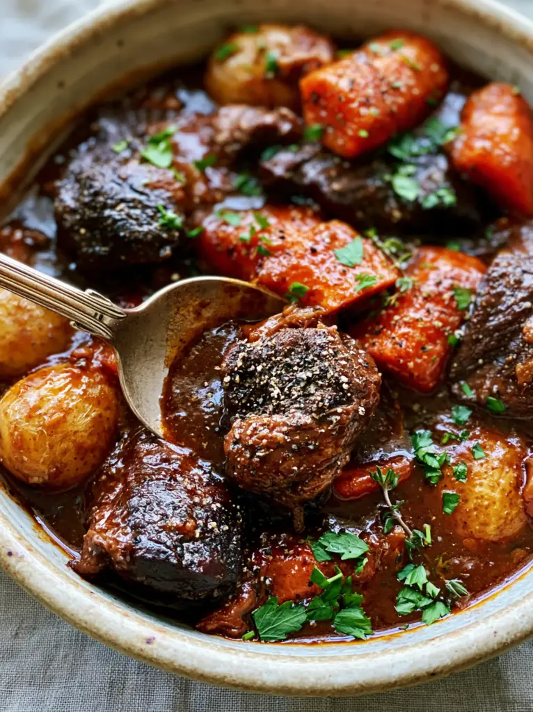 Rustic ceramic bowl filled with chunky carrots, gold potatoes, and seared beef chunks. (vintage soups and stews)