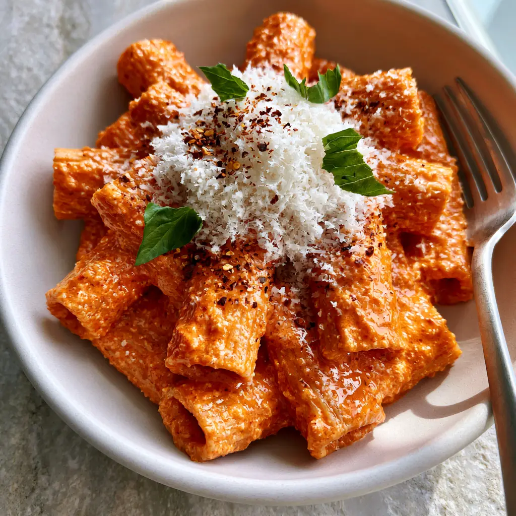 Pasta Alla Vodka: The Secret to a Glossy Terracotta-Orange Rigatoni Sauce 1 Top view of pasta alla vodka garnished with torn basil and red pepper flakes on a grey stone background.