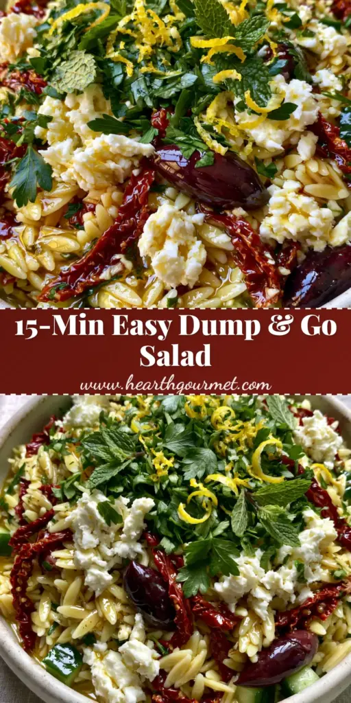 A rustic white ceramic bowl filled with vibrant Mediterranean orzo salad featuring feta, olives, and sun-dried tomatoes. (orzo salad)
