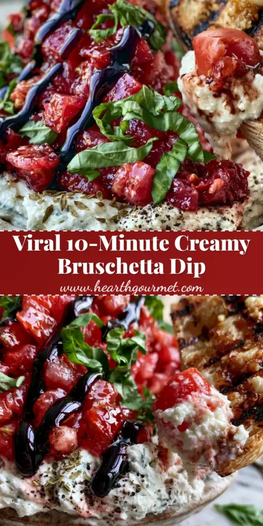 A hand dipping a grilled sourdough crostini into a gourmet Bruschetta Dip with whipped feta, tomatoes, and balsamic glaze.
