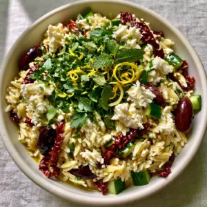 Close-up handheld smartphone photo of glistening orzo salad with deep red sun-dried tomatoes and bright white feta chunks. (orzo salad)