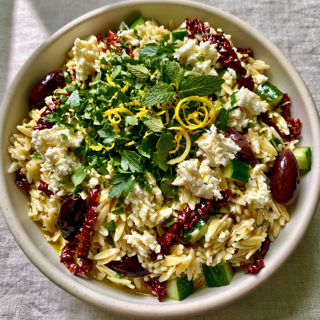Home 8 Close-up handheld smartphone photo of glistening orzo salad with deep red sun-dried tomatoes and bright white feta chunks. (orzo salad)