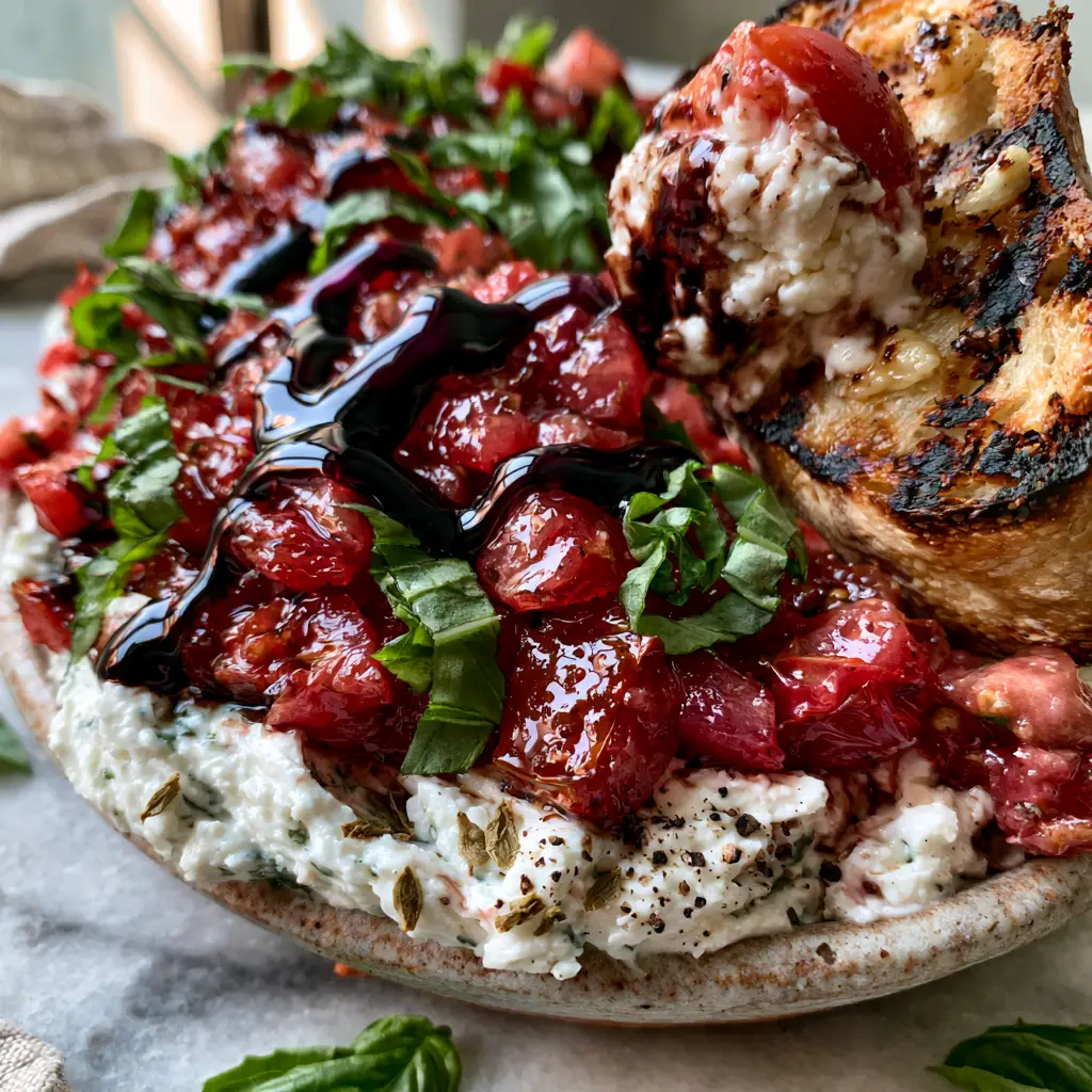 A shallow stoneware bowl containing a thick layer of herbed whipped feta topped with a mountain of diced tomatoes and basil ribbons. (Bruschetta Dip)