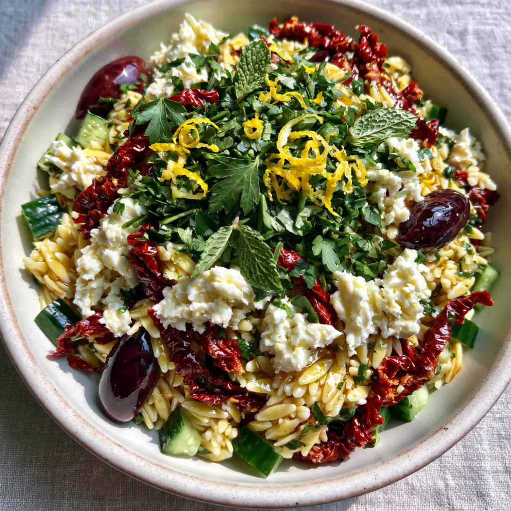 Overhead view of a Mediterranean orzo salad garnished with emerald green parsley and yellow lemon zest curls.