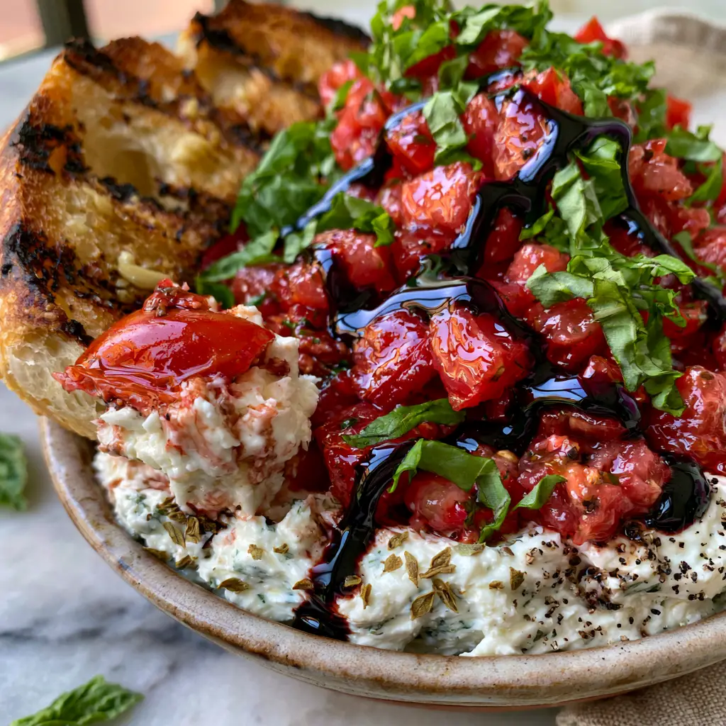 Close up of glossy balsamic glaze drizzled over a Bruschetta Dip with visible charred sourdough crostini.