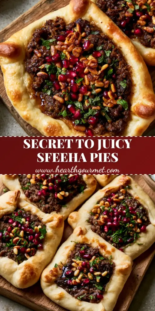 Lebanese Meat Pies (Sfeeha) with Pomegranate and Pine Nuts 4 A rustic wooden board showcasing Lebanese meat pies with golden-brown pinched corners, glossy meat filling, ruby pomegranate arils, and a side of creamy labneh.