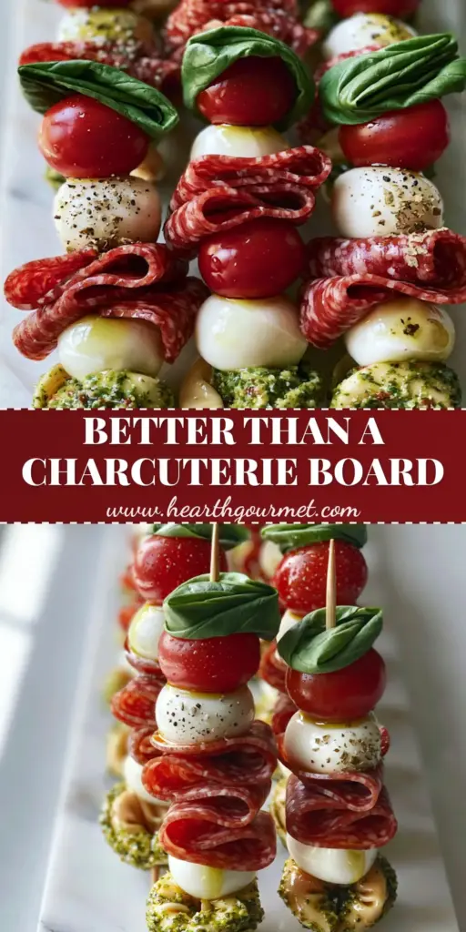 Antipasto Skewers with Pesto Tortellini and Genoa Salami 3 A professional vertical shot of a dozen Antipasto Skewers arranged on a white marble slab with pesto tortellini and red tomatoes.