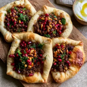 Top-down view of Lebanese meat pies on a rustic board with toasted pine nuts and fresh mint.