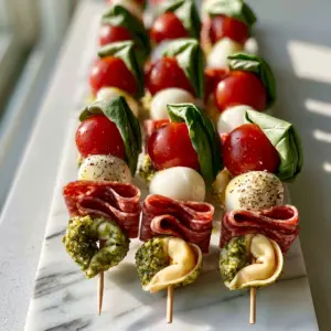 Top-down view of Antipasto Skewers showing the delicate glisten of herb-infused olive oil and cracked pepper. (Antipasto Skewers)