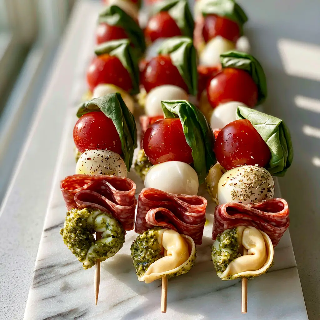 Top-down view of Antipasto Skewers showing the delicate glisten of herb-infused olive oil and cracked pepper. (Antipasto Skewers)