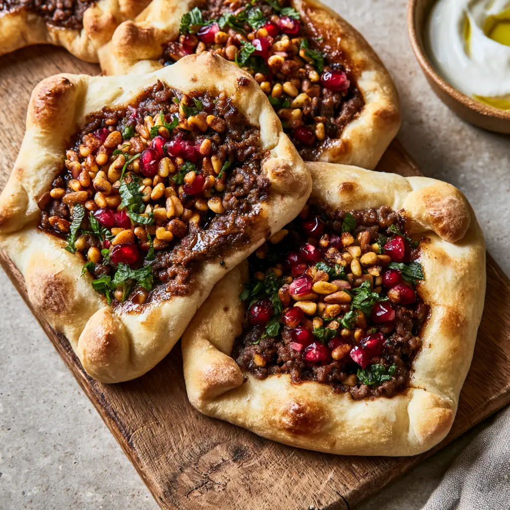 Lebanese Meat Pies (Sfeeha) with Pomegranate and Pine Nuts 1 Close up of pinched corner dough on authentic Lebanese meat pies showing light blisters.