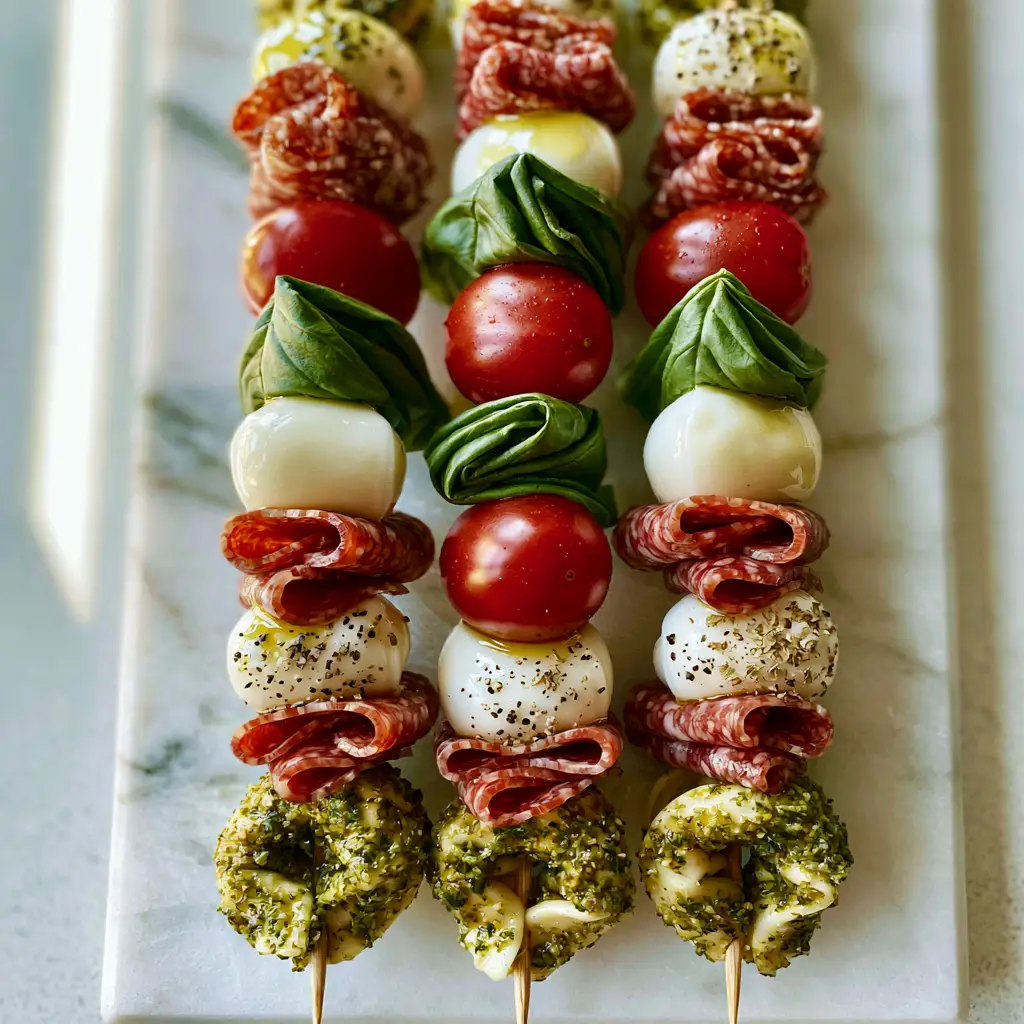 Antipasto Skewers with Pesto Tortellini and Genoa Salami 1 Close-up of vibrant green pesto-marinated tortellini and bright red cherry tomatoes on a skewer.