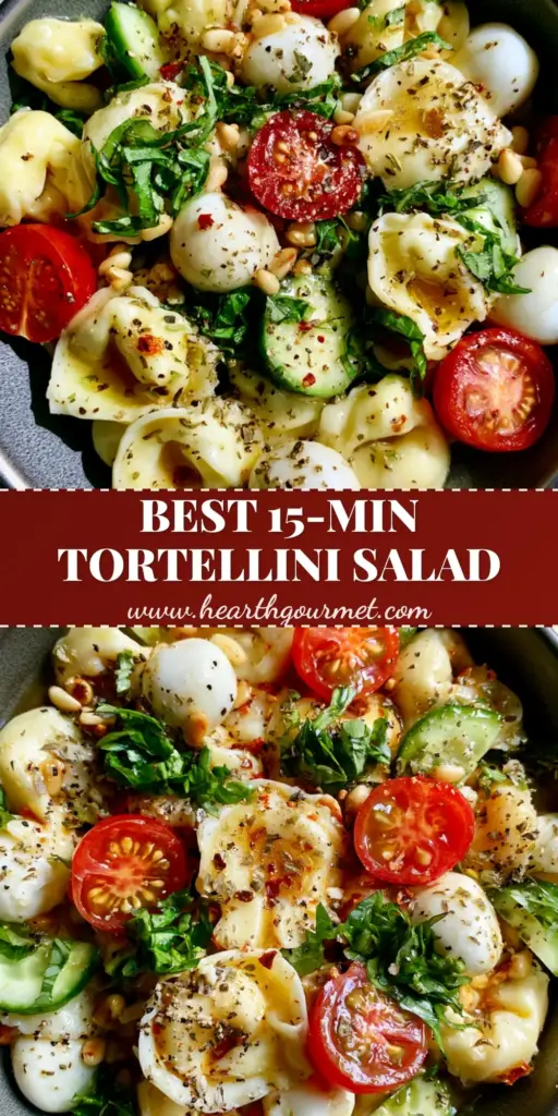 Cold Tortellini Pasta Salad with Zesty Italian Herb Vinaigrette 4 A top-down view of a cold tortellini pasta salad with mozzarella pearls and cherry tomatoes in a dark bowl. (cold tortellini pasta salad)