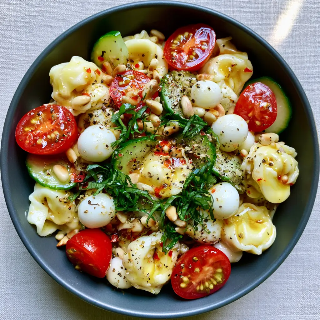 Macro shot of cheese tortellini, cucumber crescents, and mozzarella pearls drizzled with herb vinaigrette. (cold tortellini pasta salad)