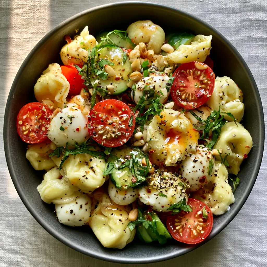 Cold Tortellini Pasta Salad with Zesty Italian Herb Vinaigrette 1 Overhead view of a vibrant cold tortellini pasta salad in a charcoal ceramic bowl on a grey linen background.