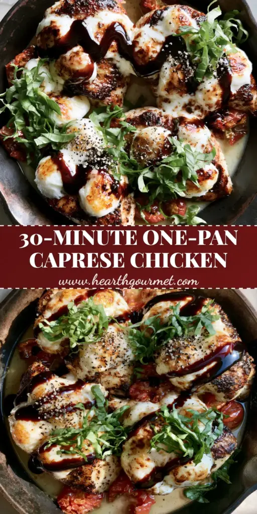 A rustic black cast iron skillet featuring golden seared Caprese Chicken topped with melted mozzarella pearls, blistered tomatoes, and glossy balsamic drizzle.
