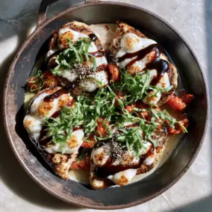 Top-down view of four golden-brown seared Caprese Chicken breasts in a cast iron pan with bubbly mozzarella and burst cherry tomatoes.