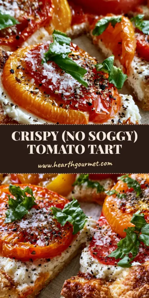 A close-up shot of a gourmet tomato tart with blistered heirloom tomatoes, goat cheese, and flaky golden puff pastry crust.