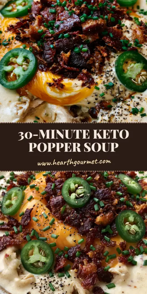 A rustic bowl of Jalapeno Popper Soup topped with mahogany bacon, fresh jalapeno rounds, and melted sharp cheddar cheese.