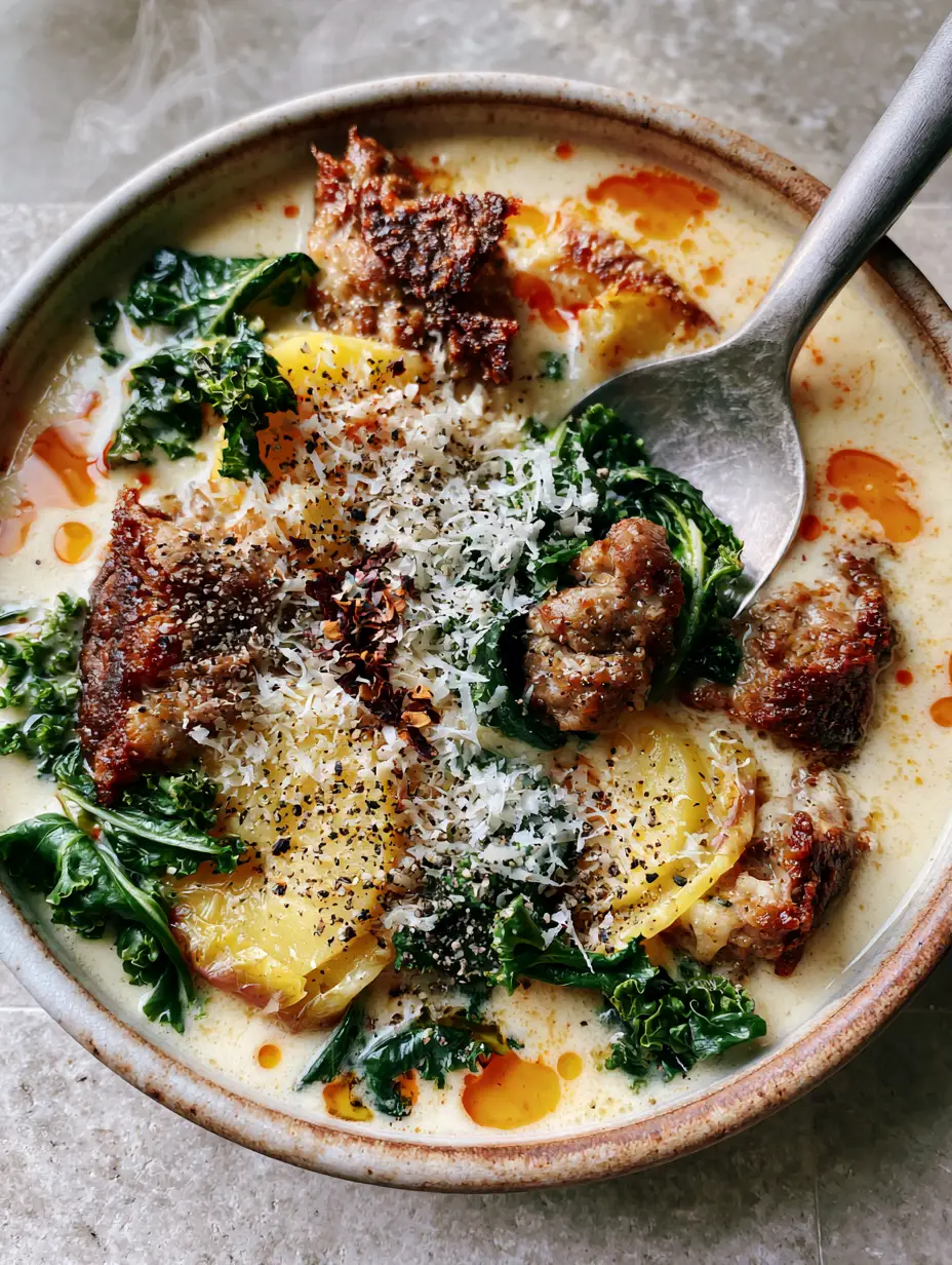 Italian Sausage Potato Soup: A Creamy One-Pot Tuscan Masterpiece 3 Top-down view of Italian Sausage Potato Soup featuring crispy sausage and wilted kale. (Italian Sausage Potato Soup)