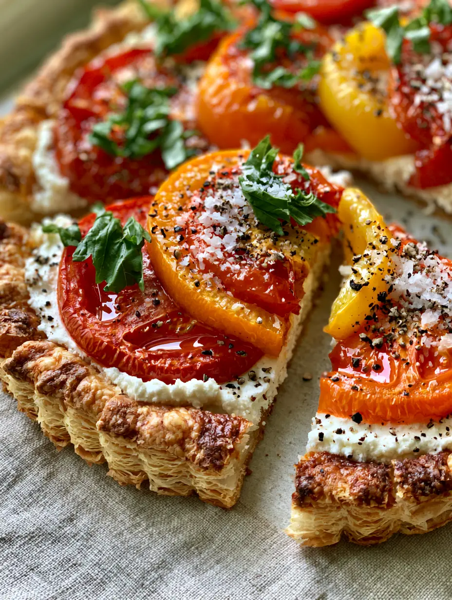 Angled view of a tomato tart showing shattered airy layers of golden brown puff pastry and vibrant red and yellow tomato slices.